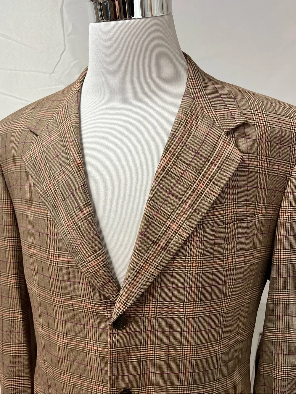 Bespoke Custom Men's 42L Tan Windowpane Glen Plaid Purple Check Blazer Jacket